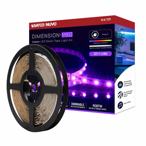 Nuvo Dimension Pro Tape Light Strip - 32 ft. RGB + Tunable White - Plug - Starfish IOT - IR Remote 64/131